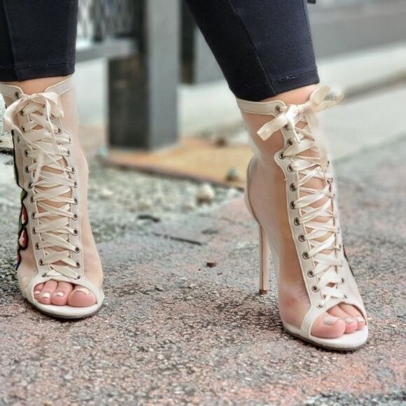 Women Ankle Open Toe High Heel Booties Lace Up Nude Color - Picture 4 of 7